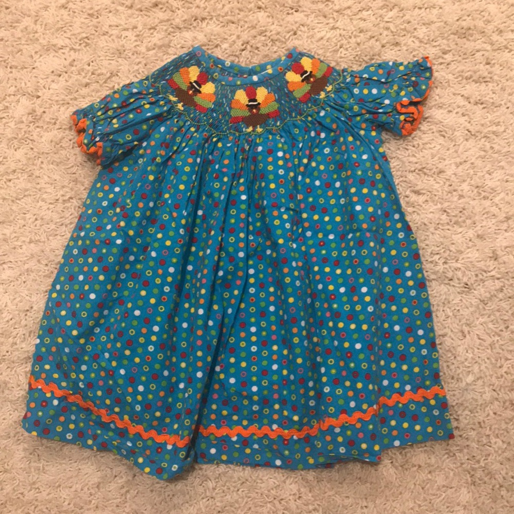 Smocked dress with Thanksgiving Turkeys, 12 mos